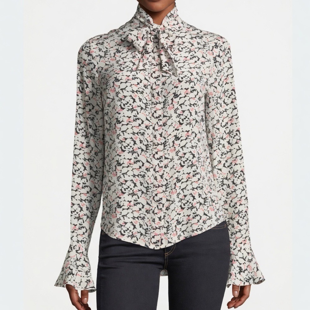 Veronica Beard Gamble Tie-Neck Blouse Silk Floral Print White Black Size 8